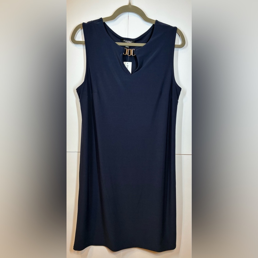 Roz & Ali Navy Blue V-neck Sleeveless Dress with Gold Accent Buckle NWT Large